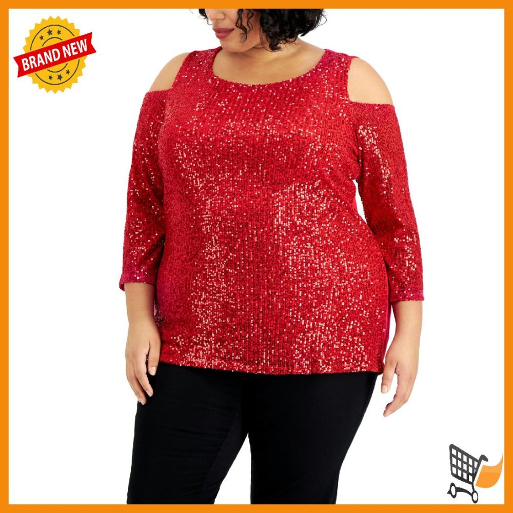 Plus Size Sequin Cold Shoulder Pullover Top Polye… - image 1